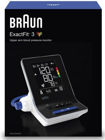 Ciśnieniomierz Braun. Cyfrowy wyświetlacz pokazuje odczyty. Czarno-biały design.