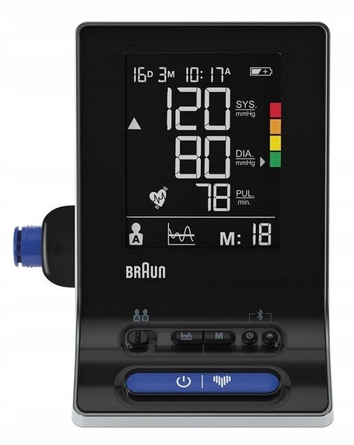 Czarny ciśnieniomierz z wyświetlaczem pokazującym odczyty.