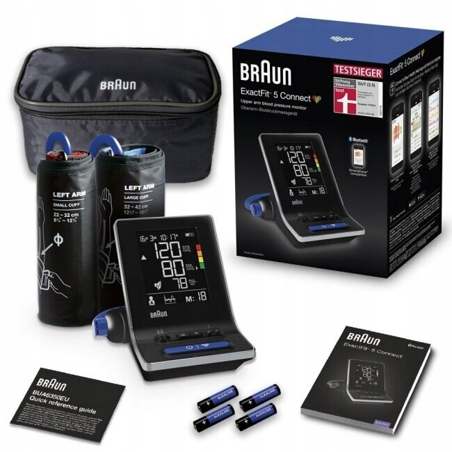 Zestaw do monitorowania ciśnienia krwi. Zawiera monitor, mankiety, torbę, baterie i instrukcję.