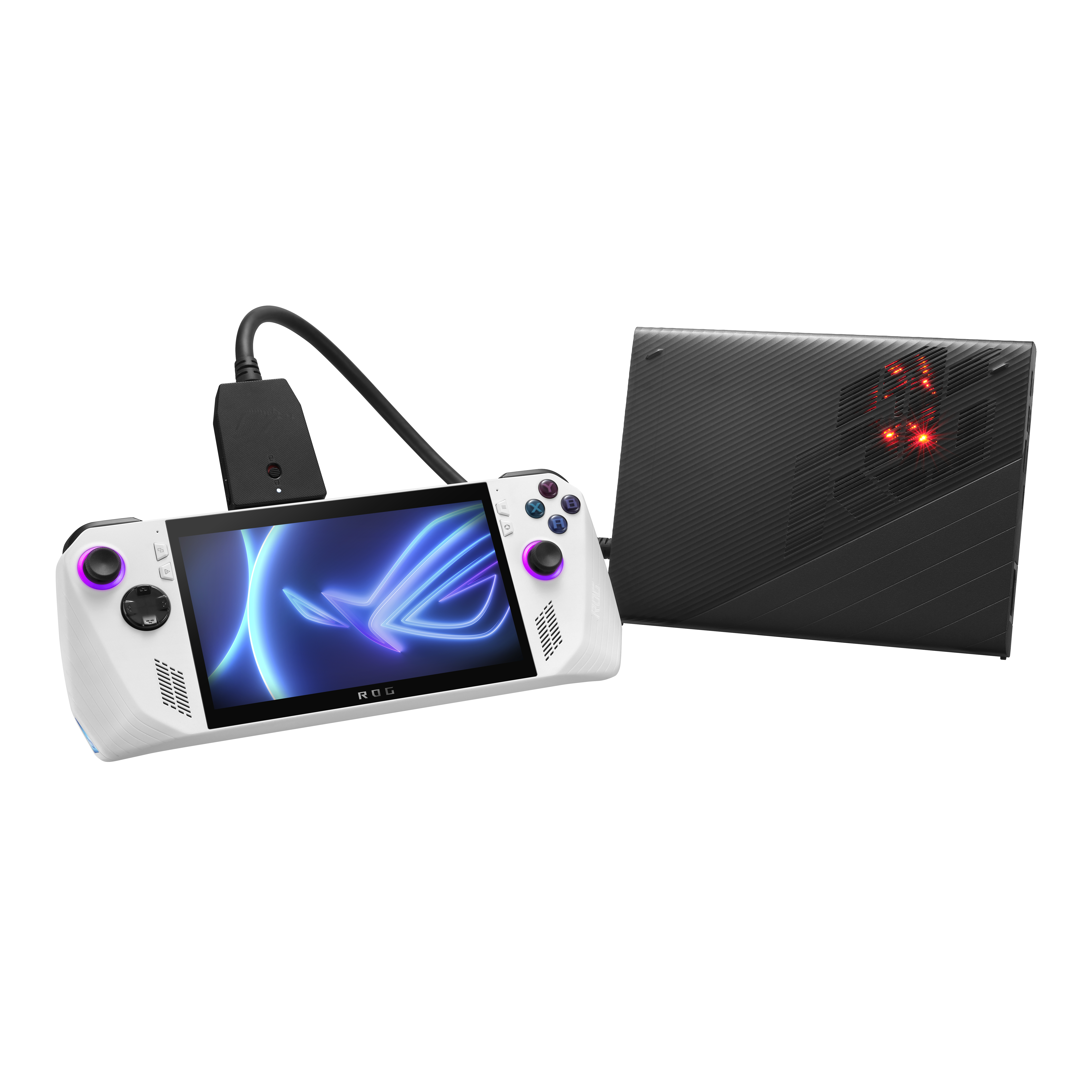 Eine weiße Handheld-Spielkonsole mit schwarzer Rückseite.