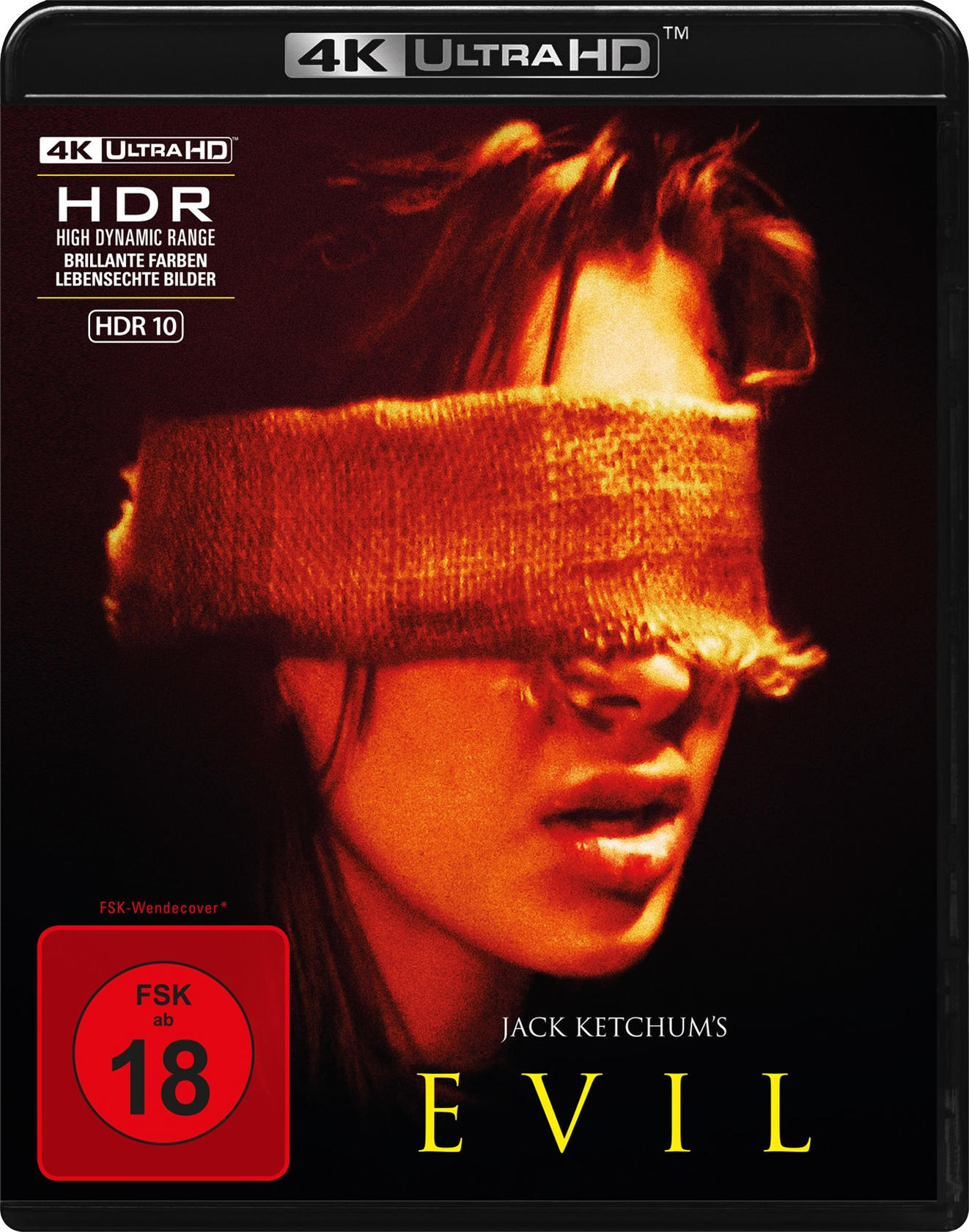 Filmcover. Eine Person mit Augenbinde. Titel 'EVIL' in Weiß. Bewertung unten.
