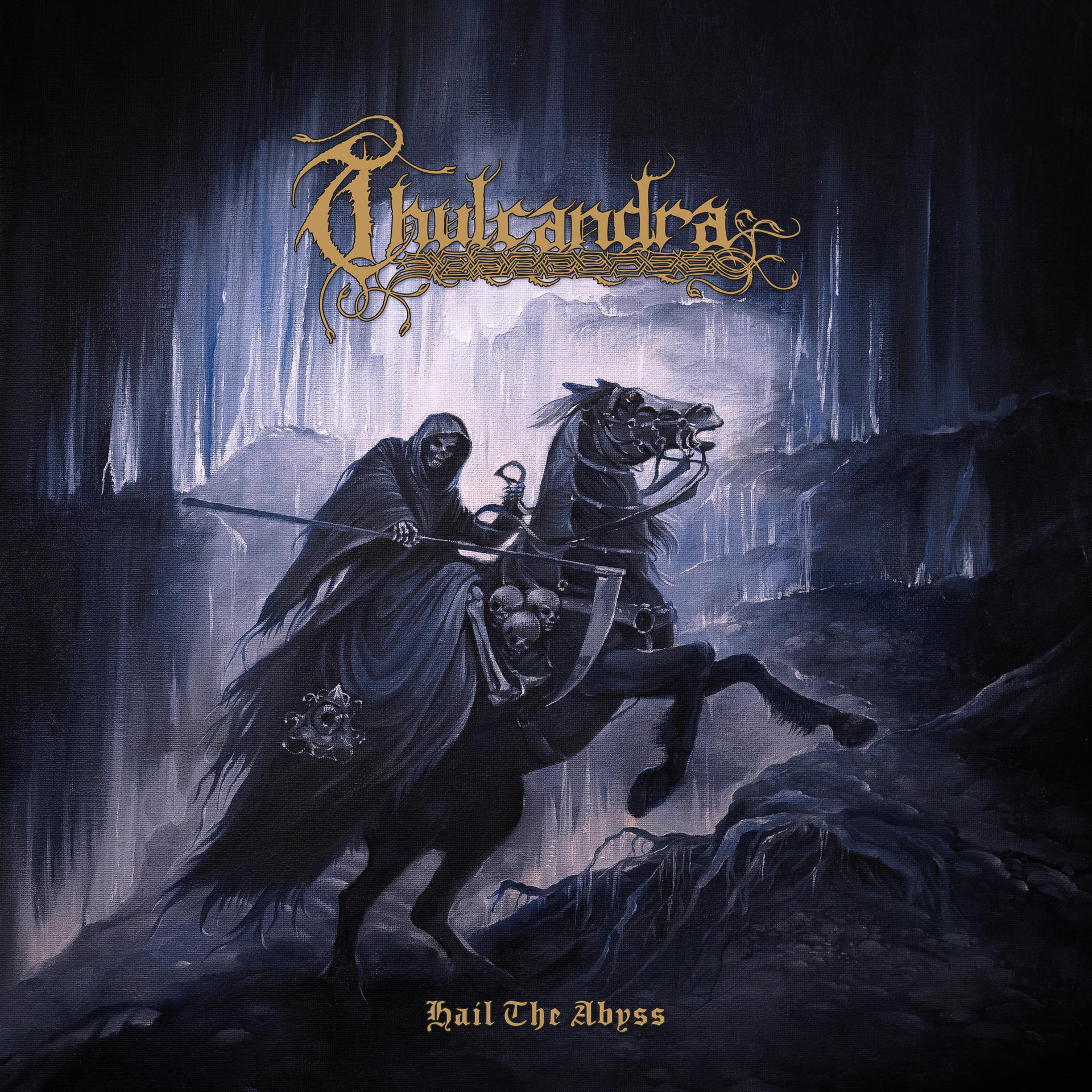A Thulcandra album borítója, a kaszással egy lovon a sötét erdőben.