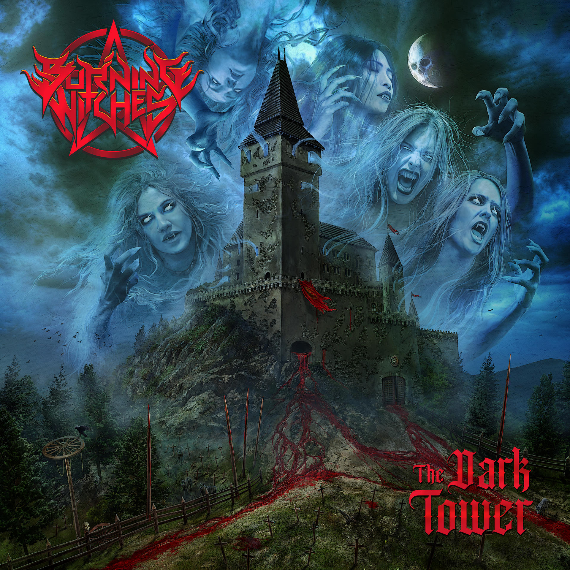 Album borító: Burning Witches, The Dark Tower. Egy sötét fantázia jelenet egy várral.