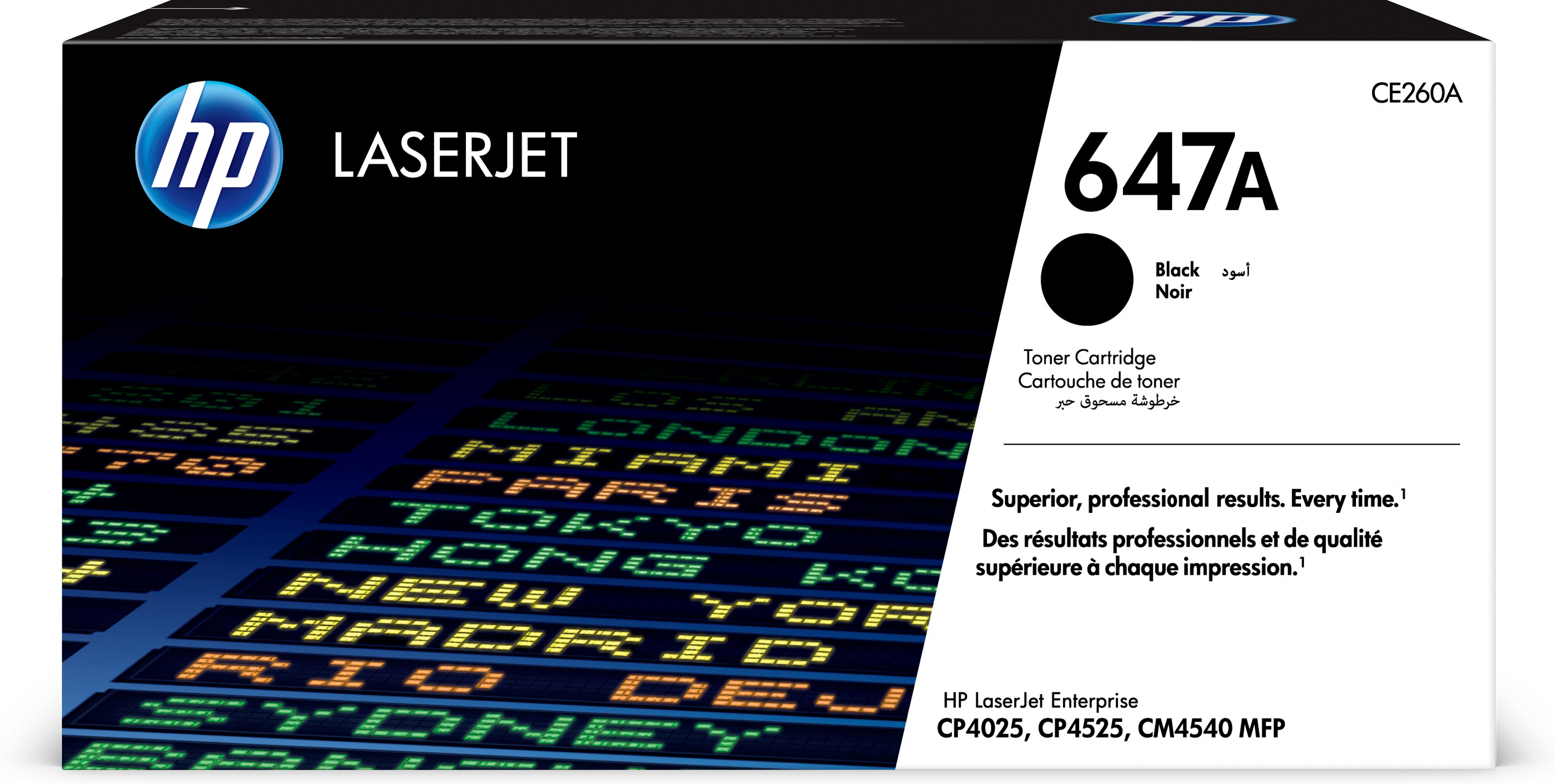 Eine schwarz-weiße HP LaserJet Tonerkartuschenbox. Der Text lautet '647A Black'.