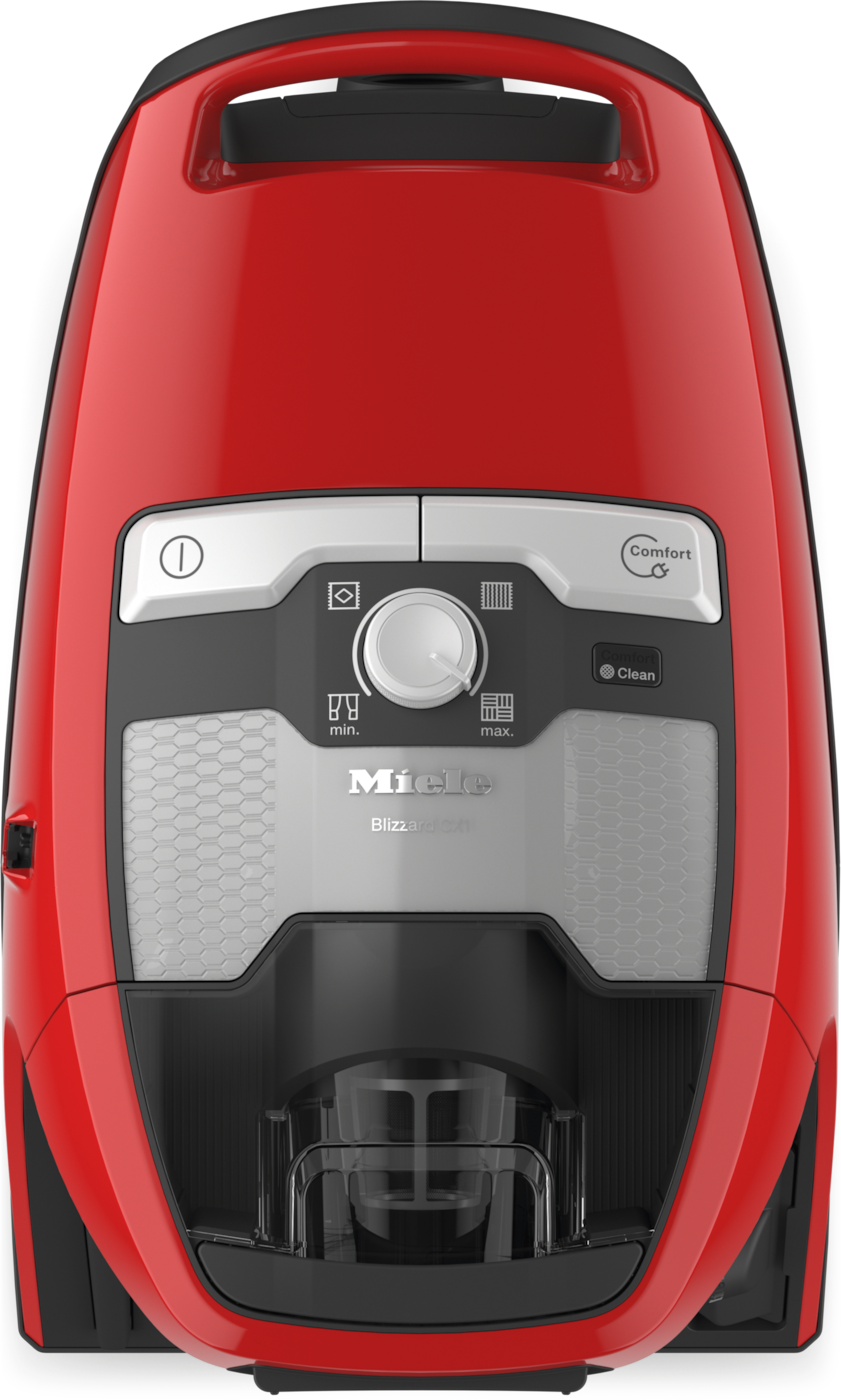 Roter Miele Staubsauger, Draufsicht. Er hat einen Griff, Knöpfe und einen transparenten Staubbehälter. Schwarze Akzente.