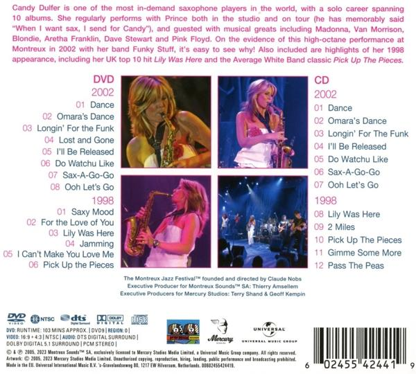 Ein CD-Cover mit Bildern einer Frau, die Saxophon spielt, zusammen mit Tracklisten.