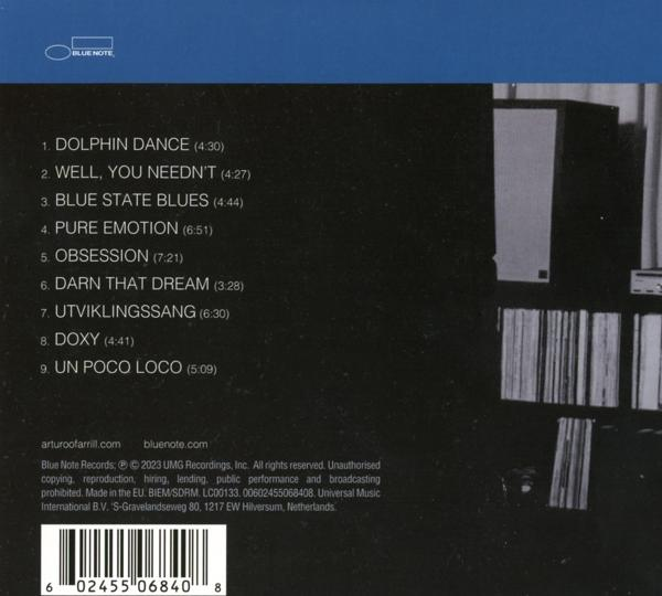 CD-Rückseite mit Titelliste und Blue Note-Logo. Schwarz-Weiß-Hintergrund.