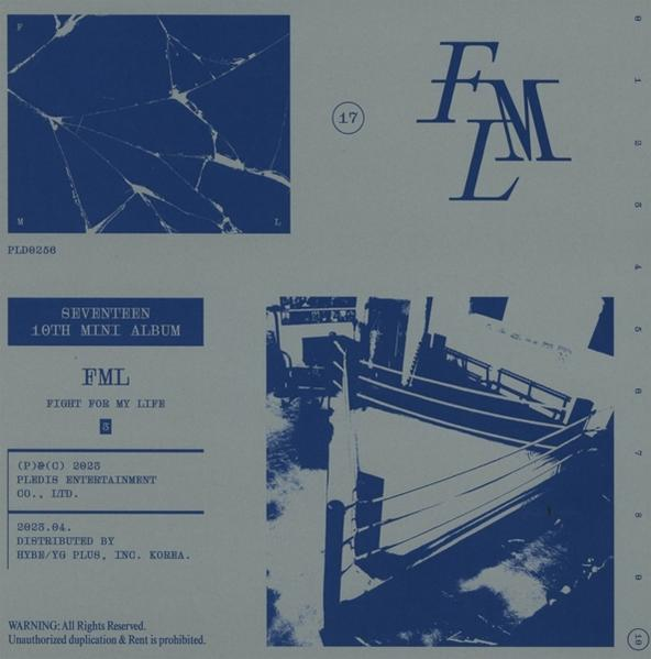 Albumcover mit blauem abstraktem Design, Text 'FML' und 'SEVENTEEN' auf blauem Hintergrund.