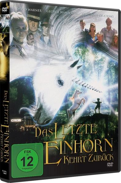 Filmdvd-Cover. Titel: Das letzte Einhorn. Enthält Schauspieler, ein Einhorn und einen Jungen auf einem Hügel.
