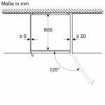 Diagramm mit Abmessungen, das einen ausgesparten Bereich mit einer Breite von 600 mm und einem Winkel von 125 Grad zeigt.