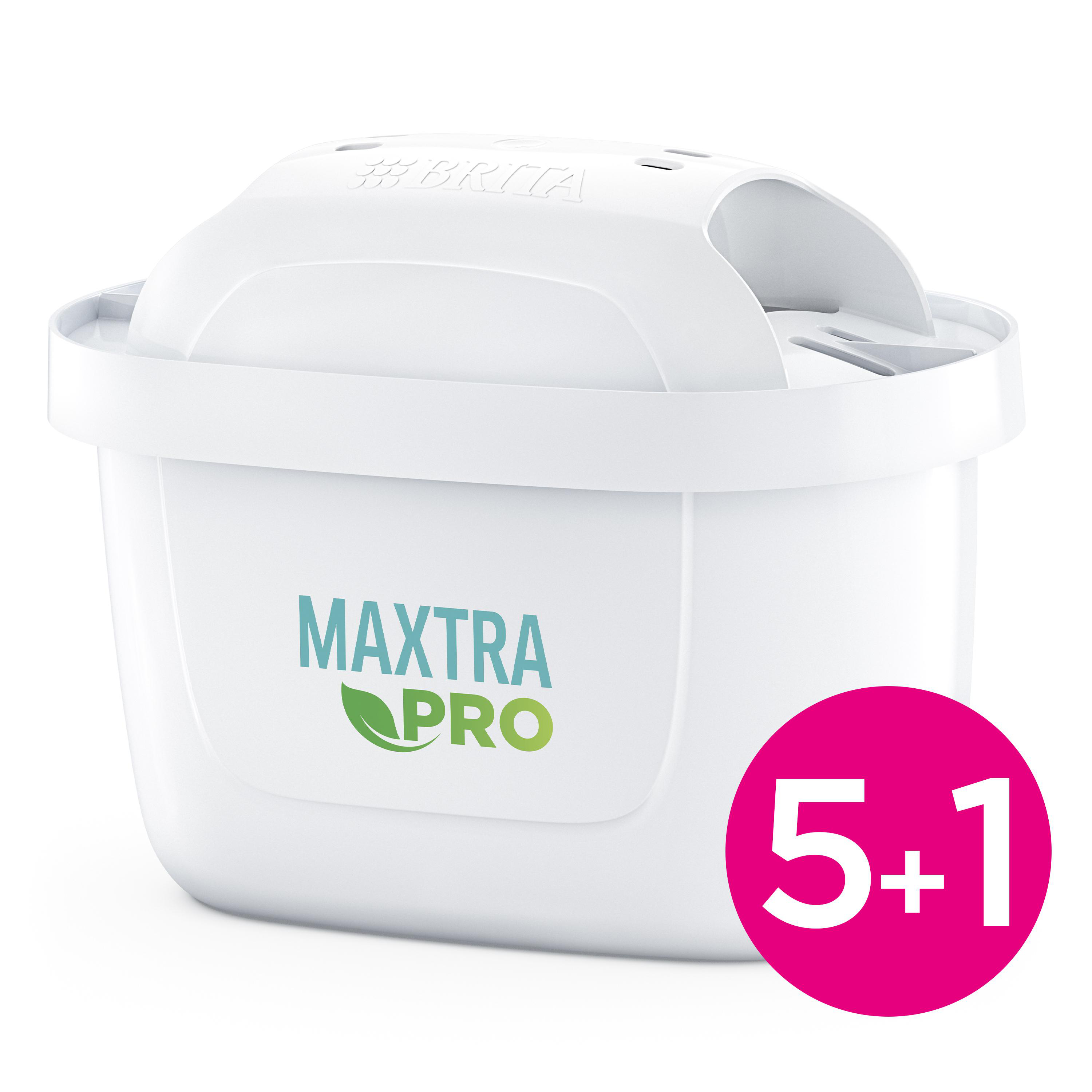Weiße Maxtra Pro Wasserfilterkartusche. Rosa Kreis mit '5+1' in der Ecke.