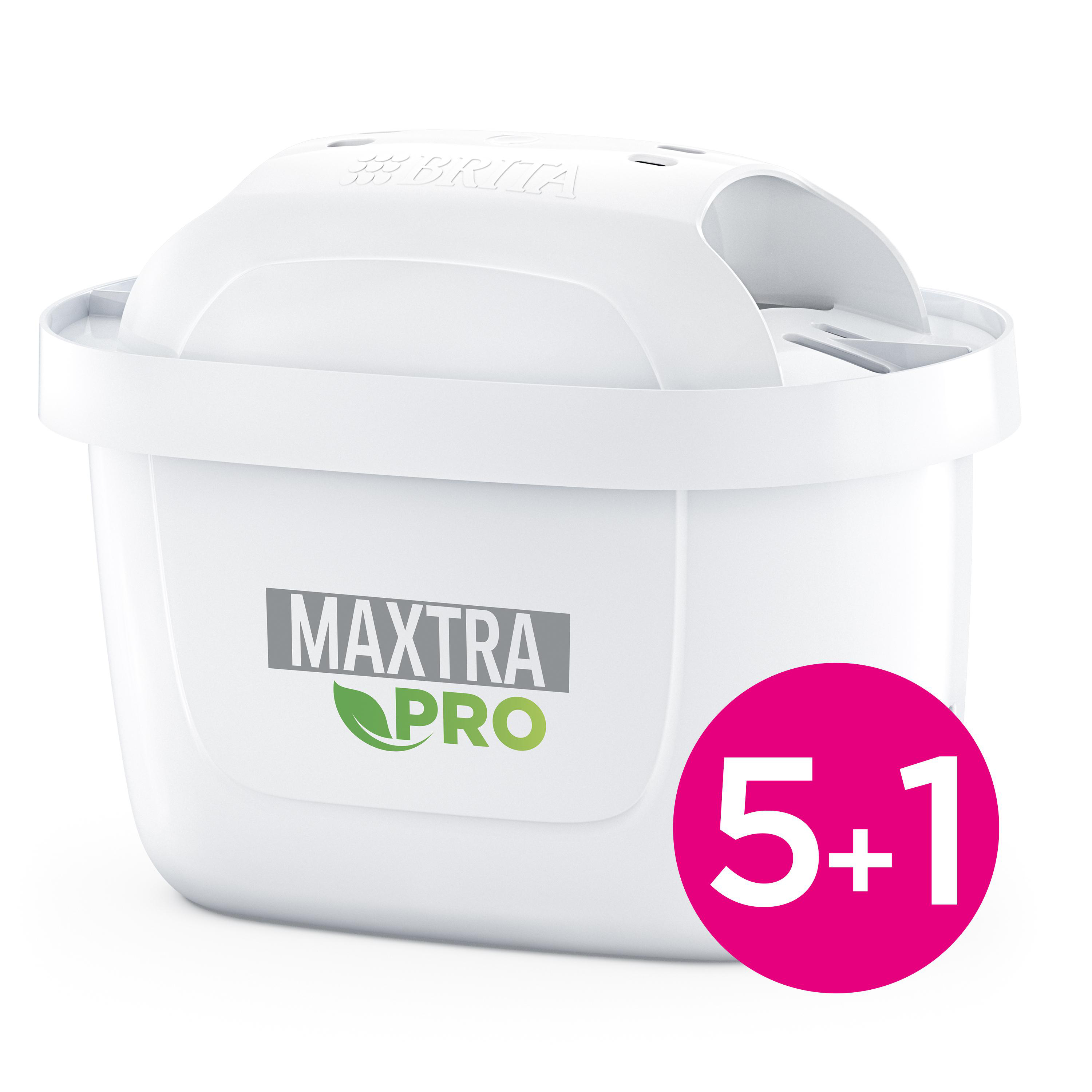 Weißer Brita Wasserfilter mit MAKTRA PRO Logo und einem pinkfarbenen 5+1 Kreis.