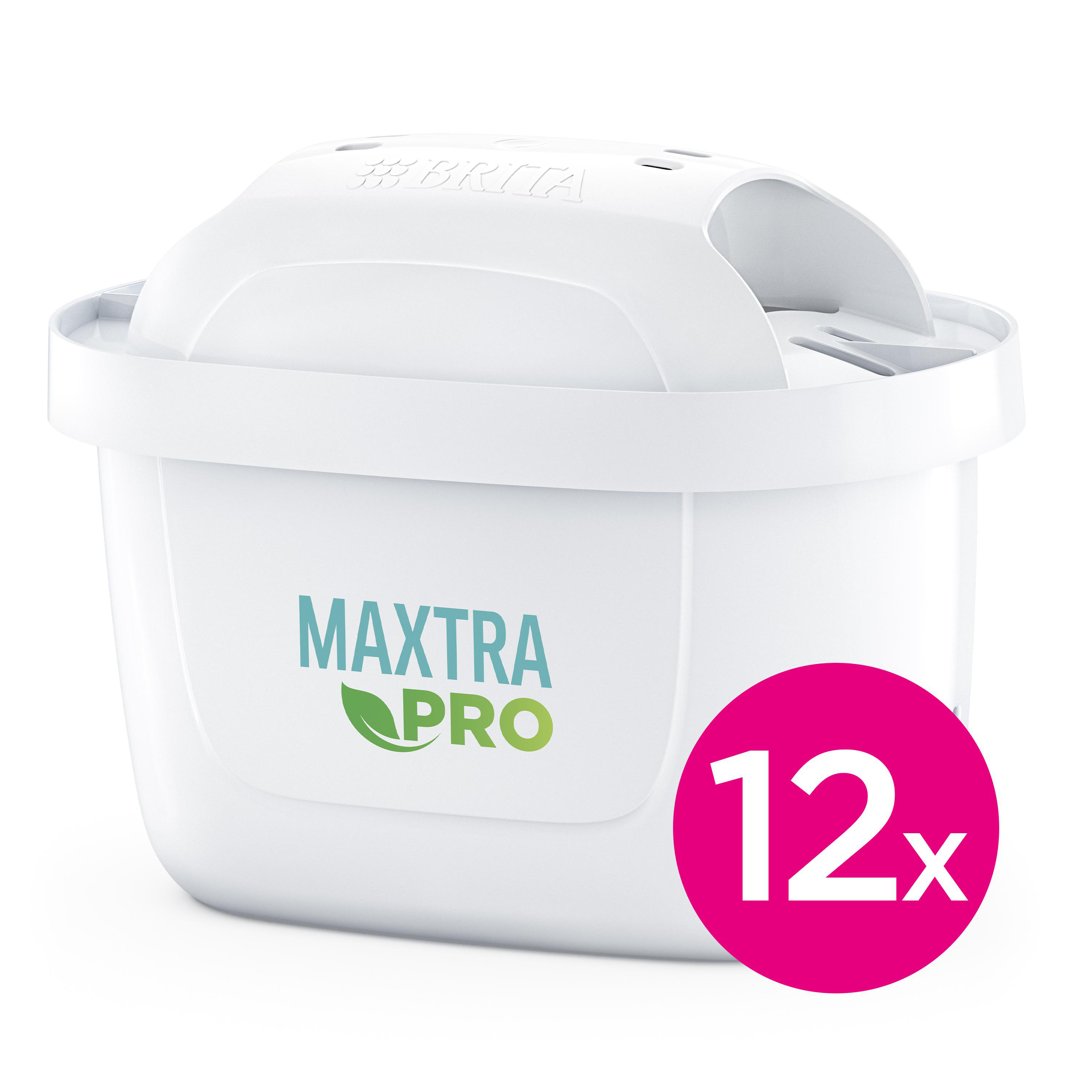 Eine weiße Brita Maxtra Pro Wasserfilterpatrone mit '12x' in einem pinken Kreis.