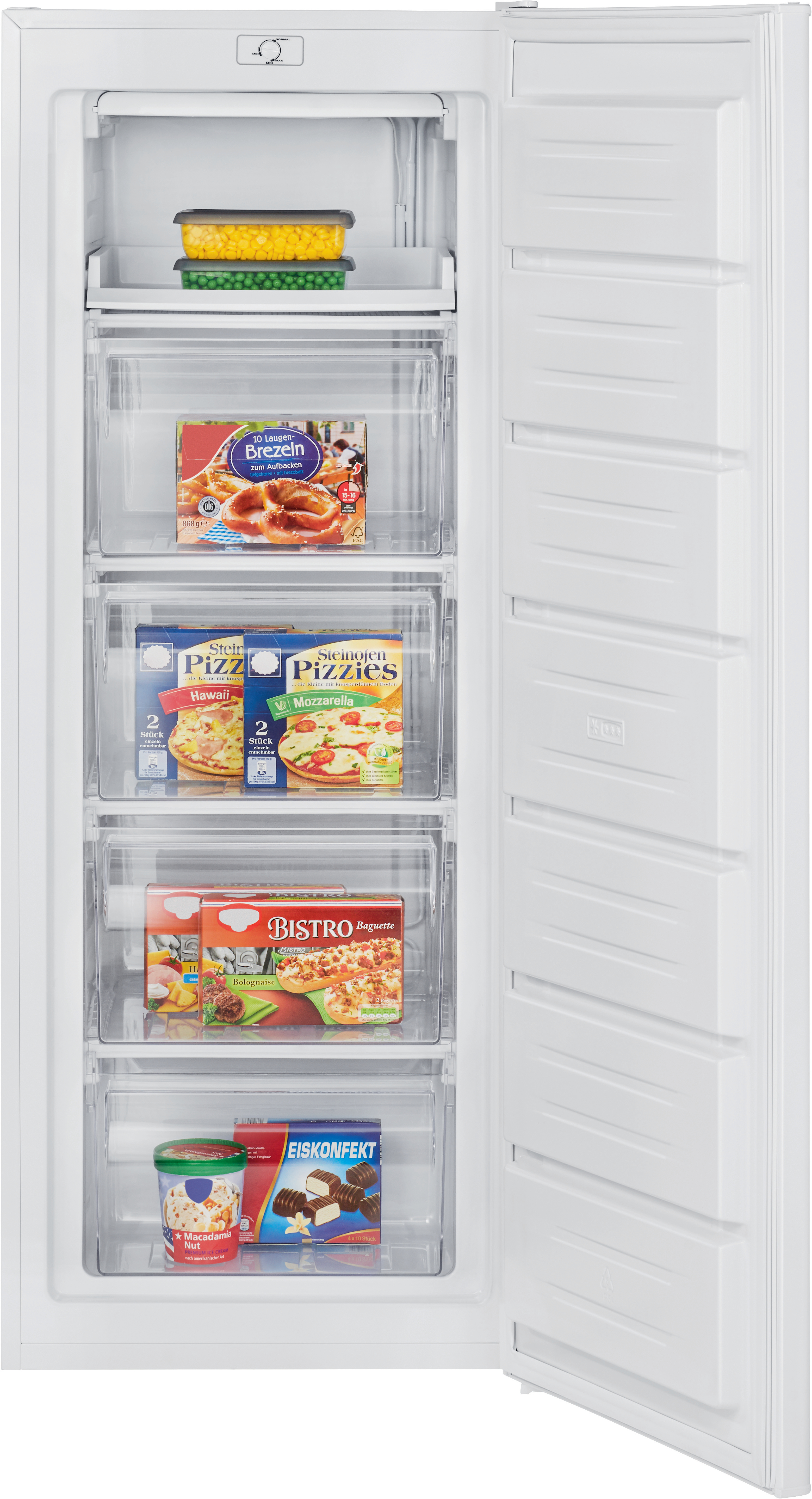 Ein weißer Gefrierschrank mit offener Tür. Enthält Tiefkühlkost wie Pizza, Brezeln, Eis und Gemüse.
