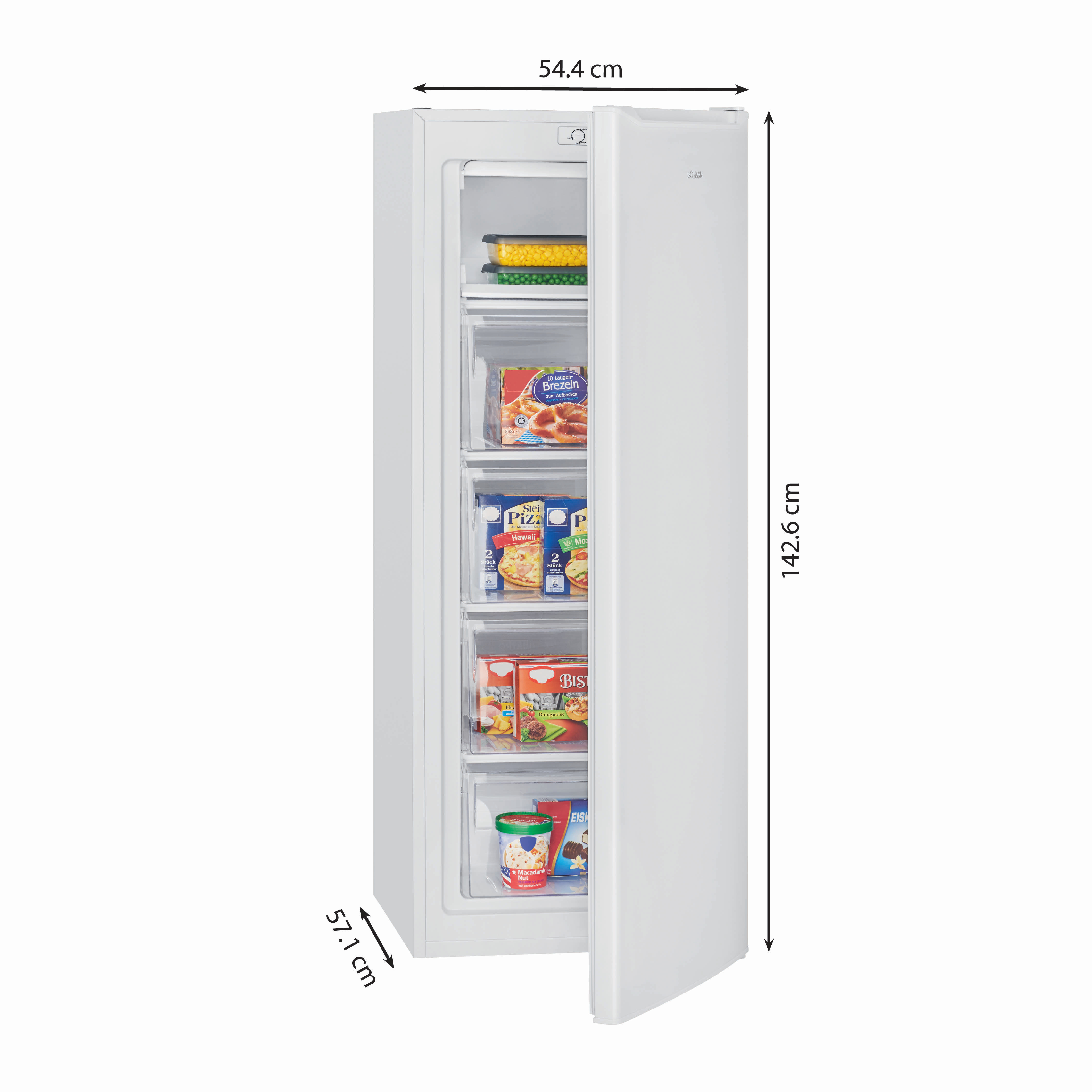 Ein weißer Gefrierschrank mit offener Tür. Er enthält Tiefkühlkost wie Pizza, Brezeln und Eis.