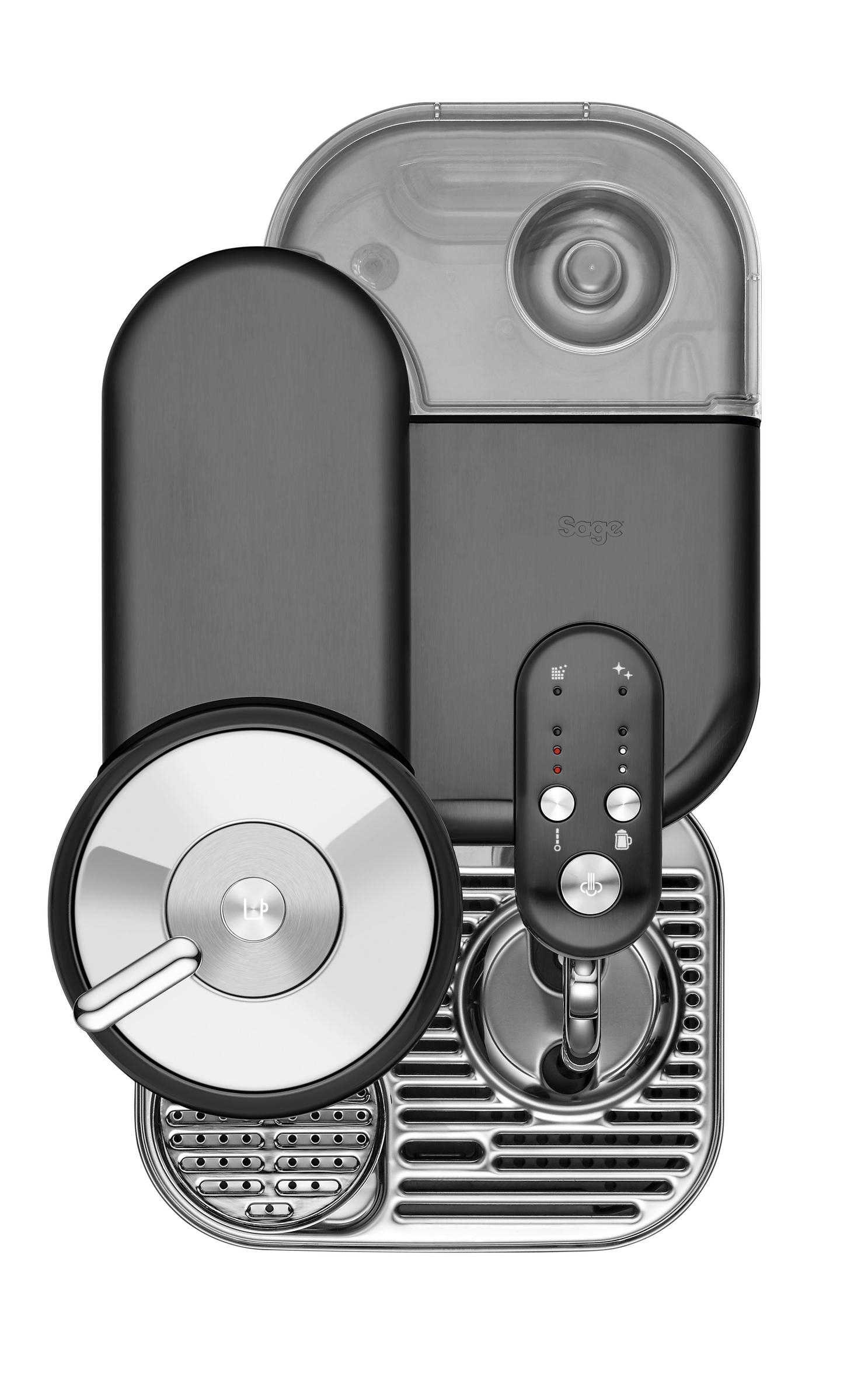 Eine schwarze Sage Nespresso Kaffeemaschine mit verschiedenen Komponenten und Bedienelementen.