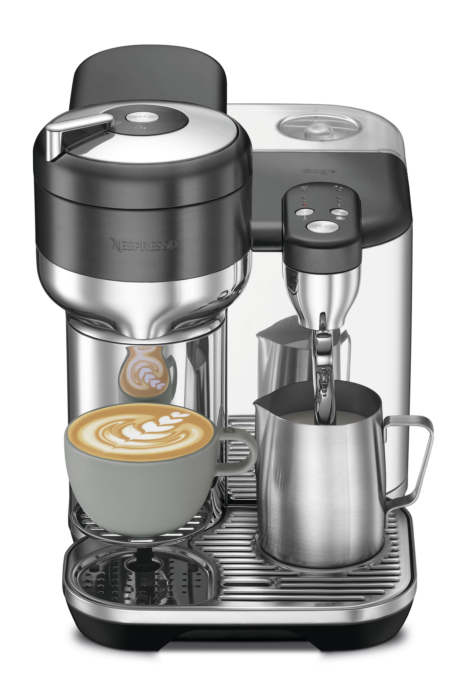 Nespresso-Kaffeemaschine mit Latte Macchiato, Milchaufschäumer und Tasse auf dem Tablett.