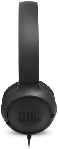 Czarne słuchawki z przewodem, widok z przodu, na białym tle.