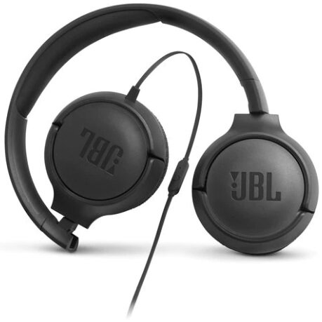 Czarne słuchawki JBL z przewodem i konstrukcją douszną, widoczne logo JBL.