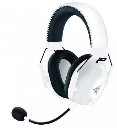 Białe słuchawki dla graczy Razer z czarnym mikrofonem i nausznikami na białym tle.