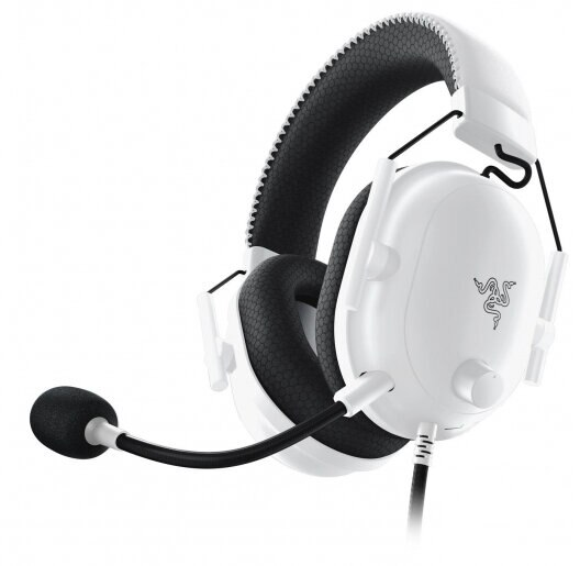 Biały zestaw słuchawkowy dla graczy z czarnymi akcentami. Mikrofon po lewej stronie. Widoczne logo Razer.