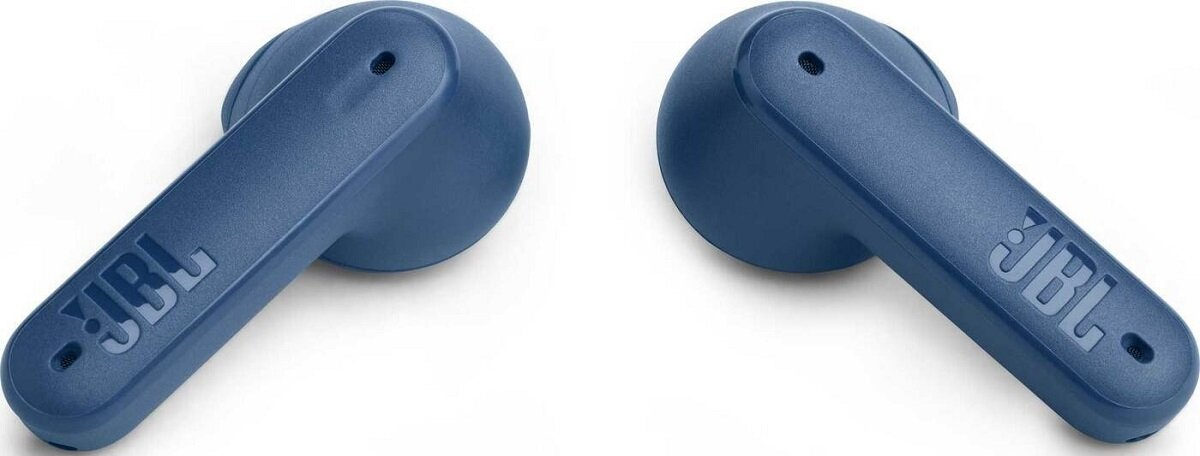 Dwa niebieskie bezprzewodowe słuchawki z logo JBL, widok z boku.