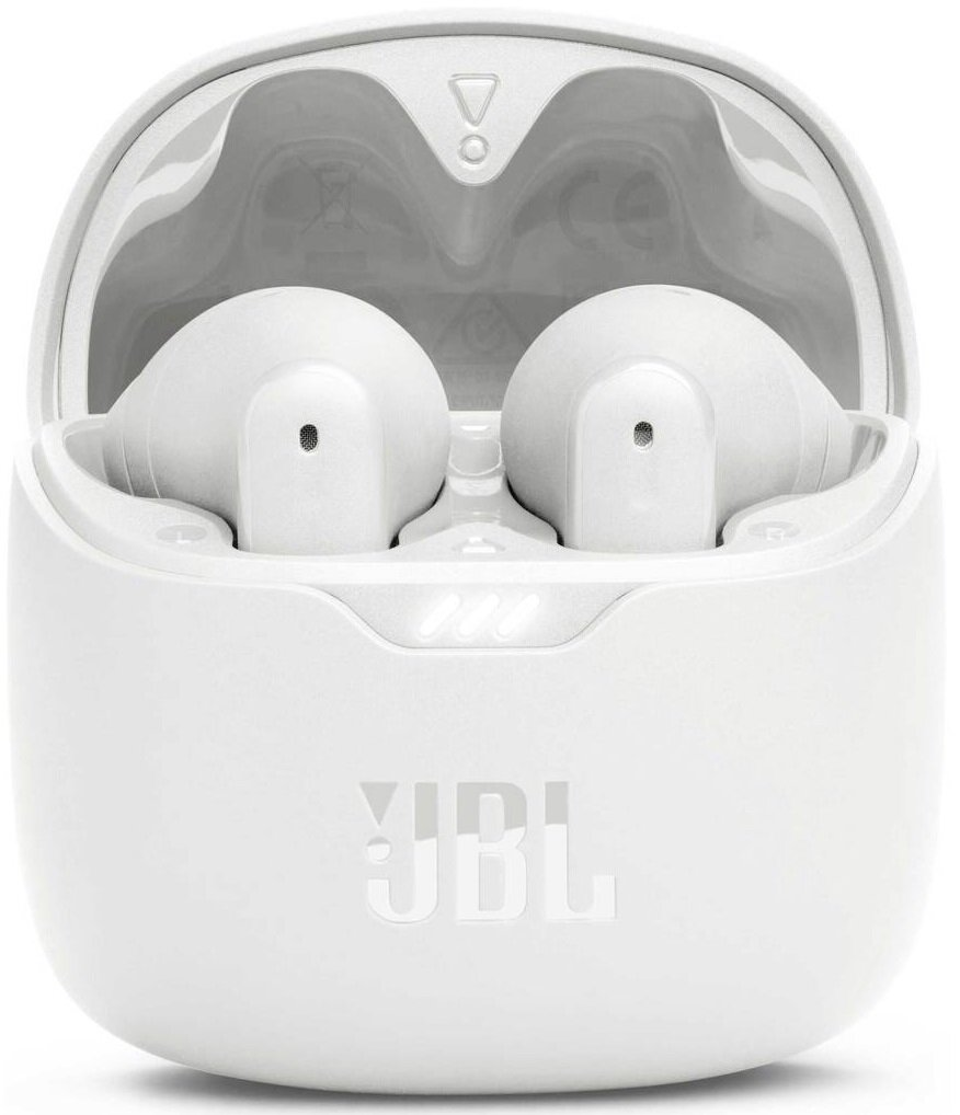 Białe bezprzewodowe słuchawki JBL w otwartym etui ładującym.
