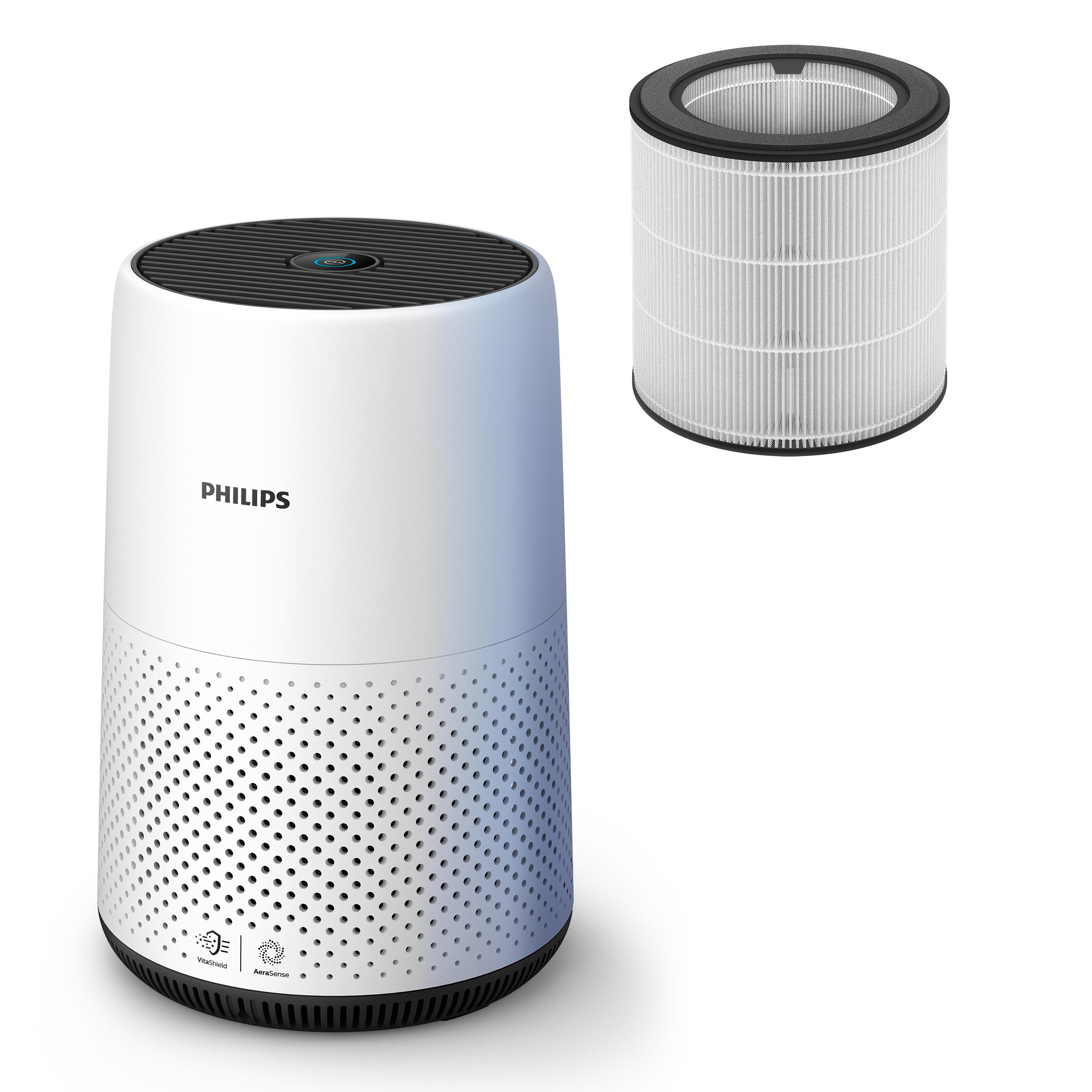 Weißer Luftreiniger mit schwarzem Deckel und einem Filter daneben. Auf ihm steht das Wort PHILIPS.