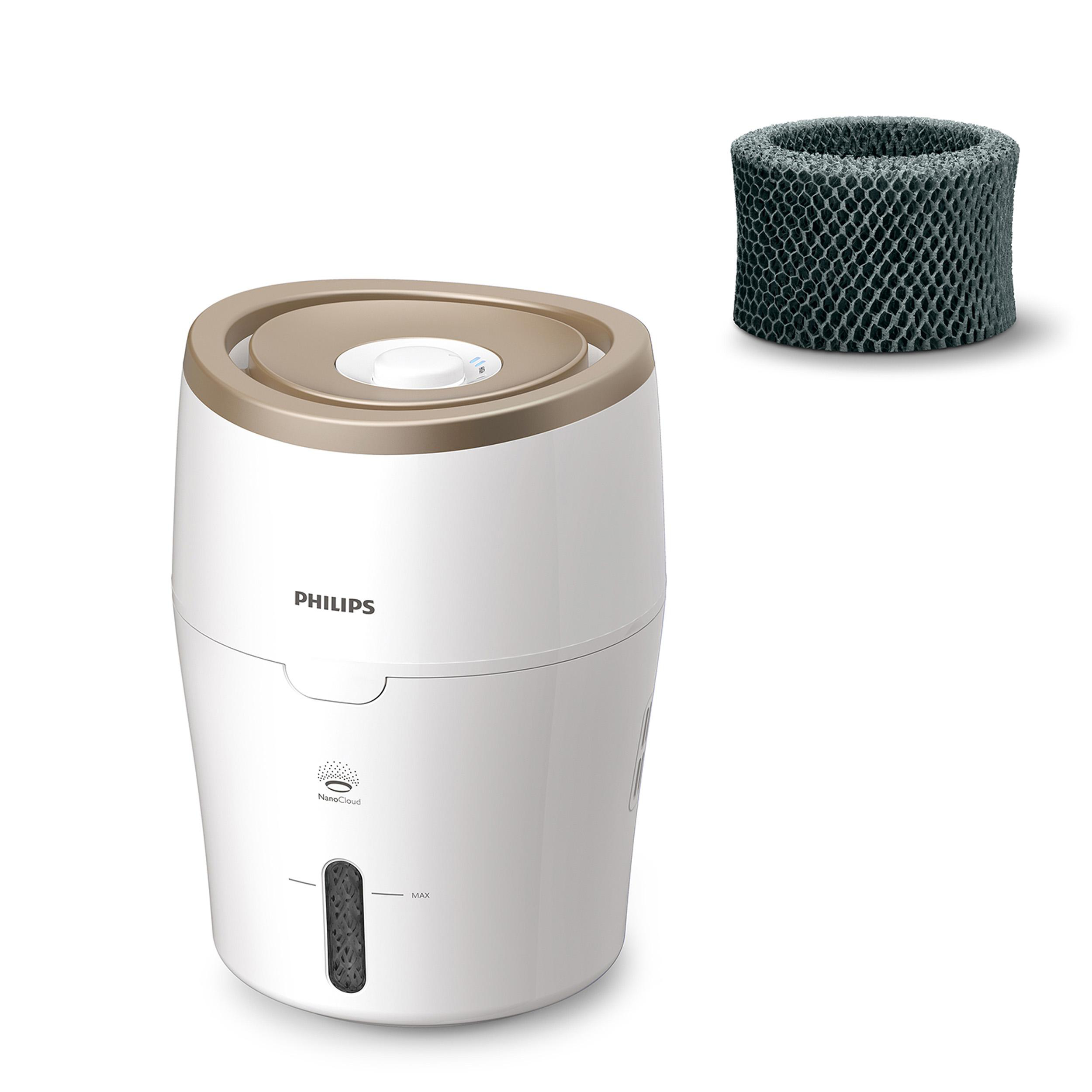 Weißer und goldener Philips Luftbefeuchter mit separatem schwarzem Filter. Es ist vor weißem Hintergrund.