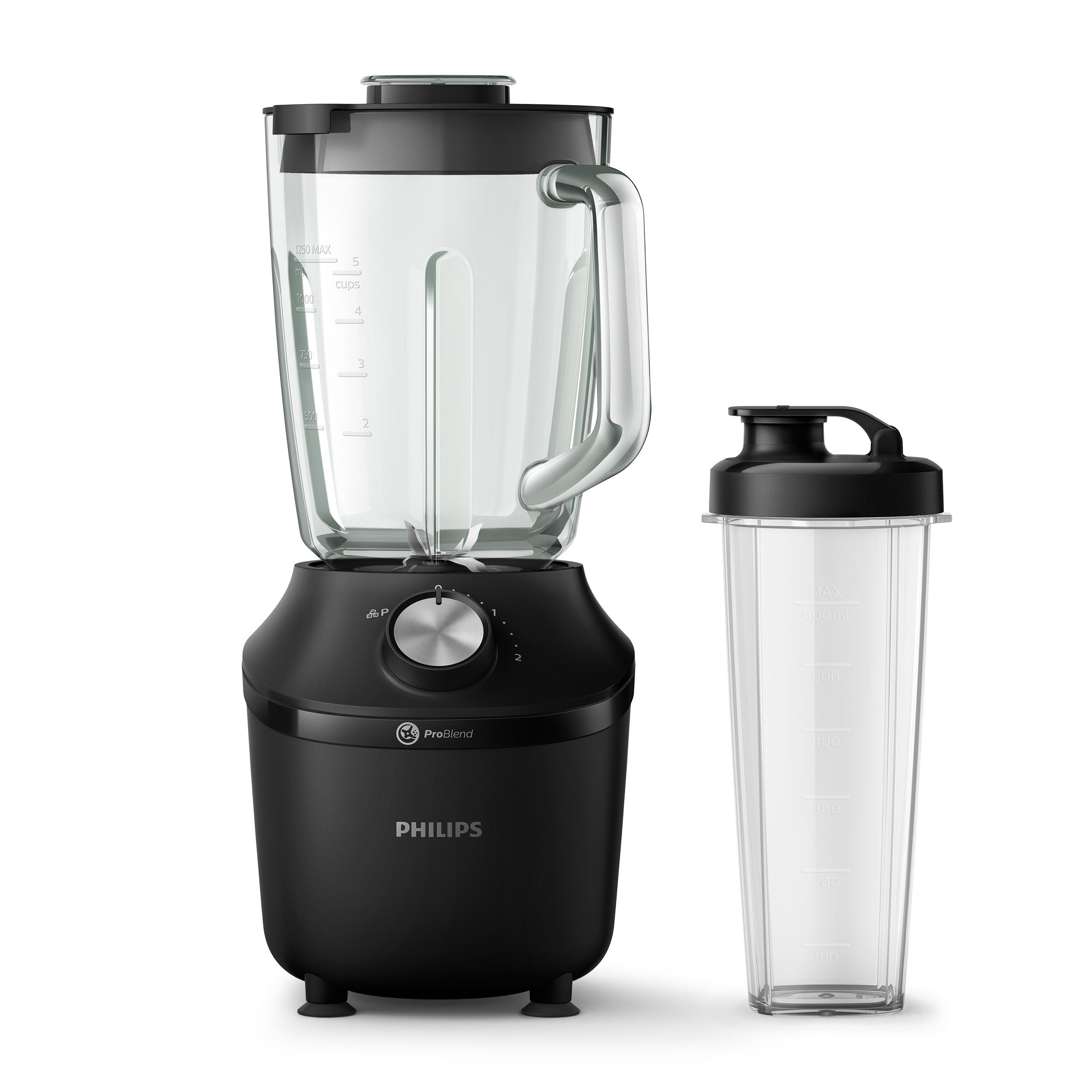Schwarzer und klarer Philips Mixer mit separatem transparenten Behälter.