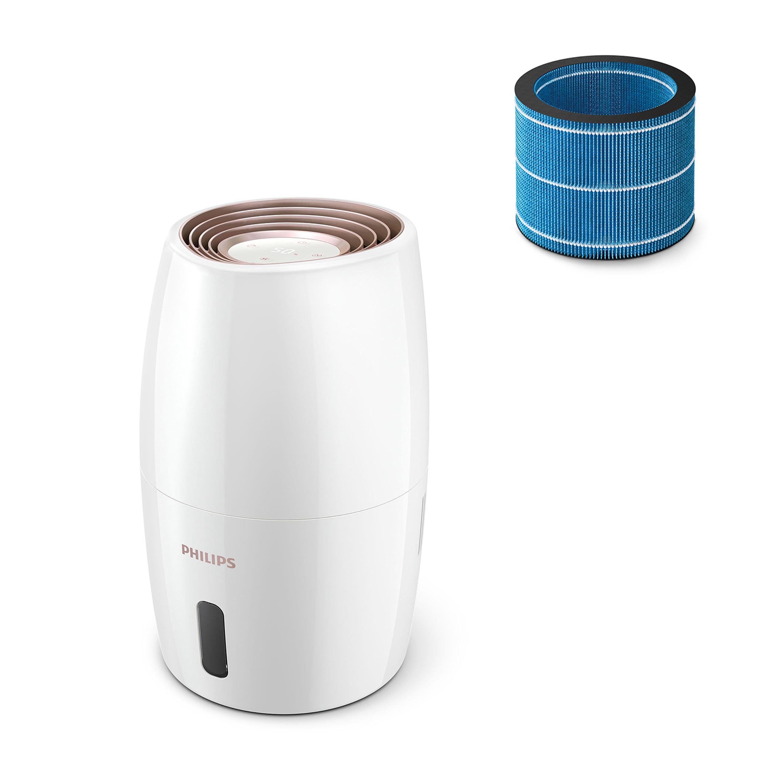 Weißer Luftbefeuchter mit Filter. Das Wort PHILIPS steht auf dem Luftbefeuchter.
