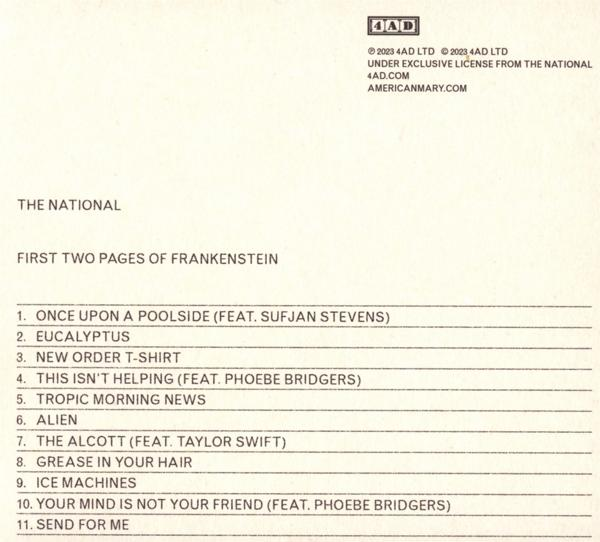 Titelliste des Albumcovers. Der Text enthält Songtitel und Künstlerinformationen auf beigem Hintergrund.