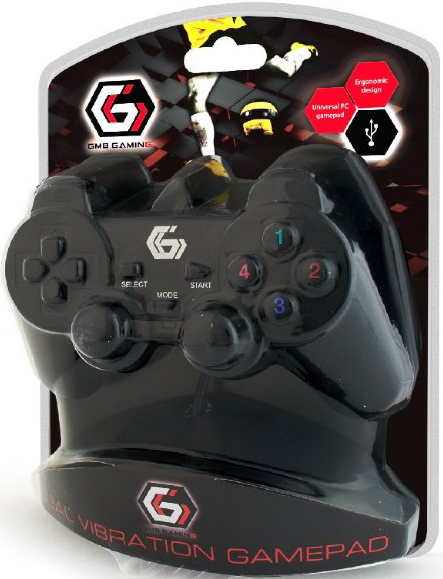 Fekete játékvezérlő gombokkal, joystickkel és feliratokkal, fehér háttéren csomagolva.