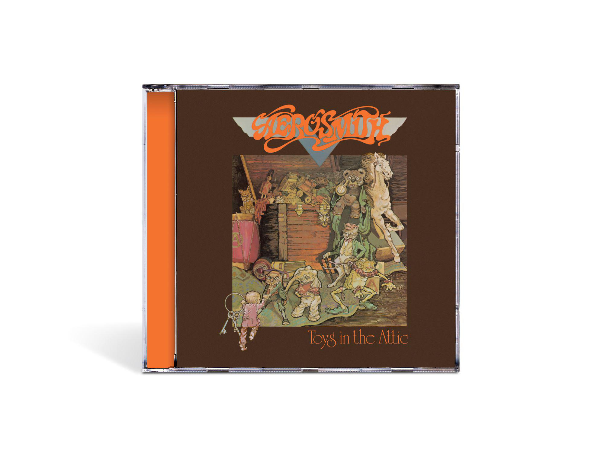Aerosmith-Albumcover. Cartoon-Darstellung von Spielzeug auf einem Dachboden. Braun, orange und verschiedene Charaktere.