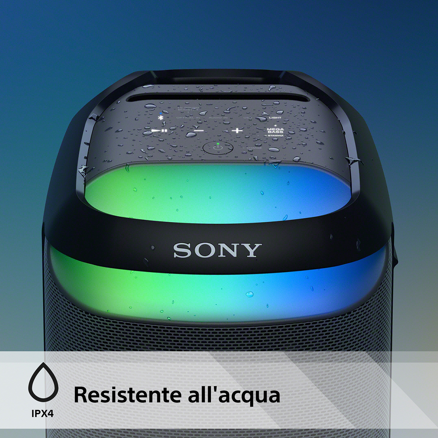 Altoparlante nero impermeabile con luci colorate. Logo Sony visibile. Testo: Resistente all'acqua.