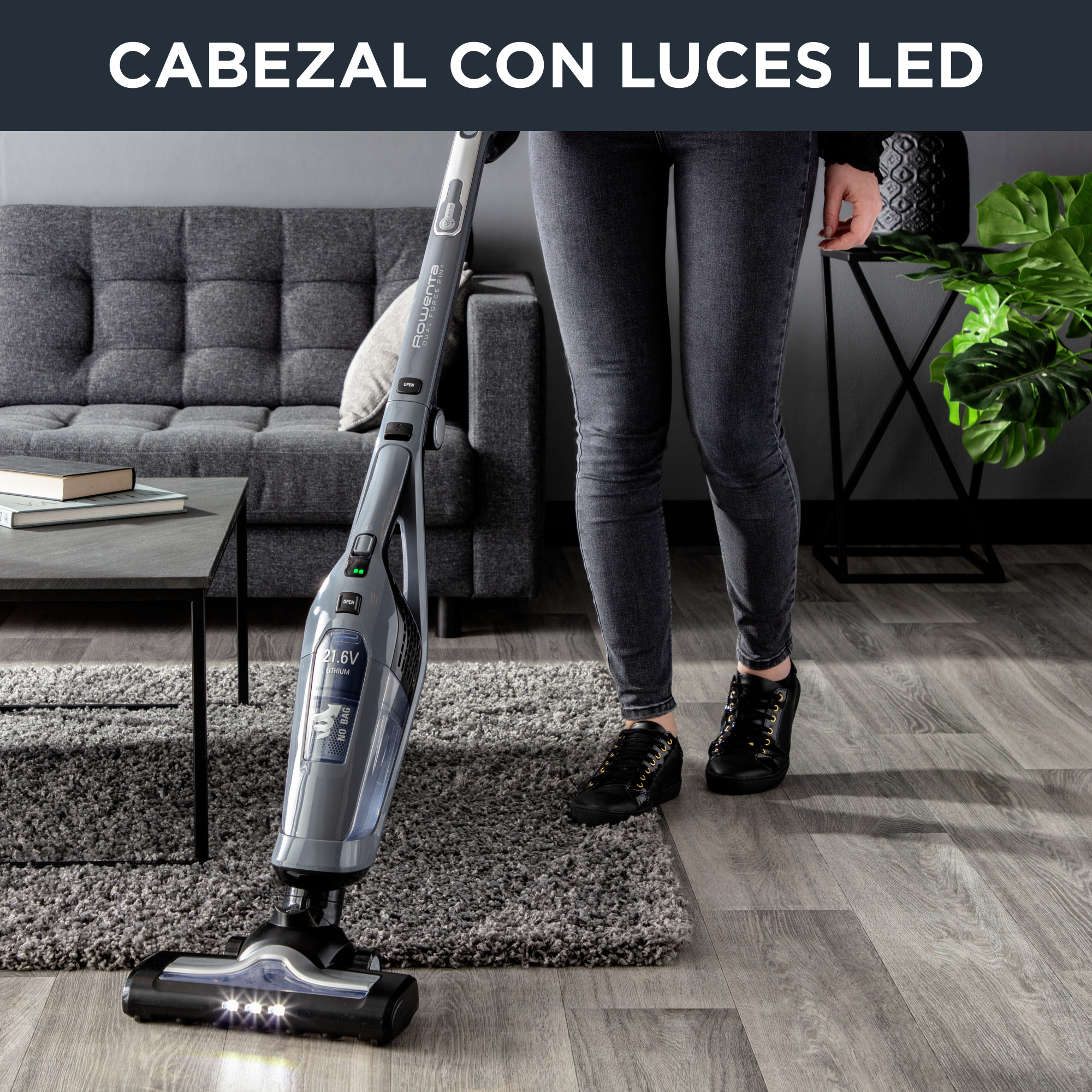 Aspirador escoba - Rowenta  RH6756WO Dual Force 2 en 1, LED, Gris