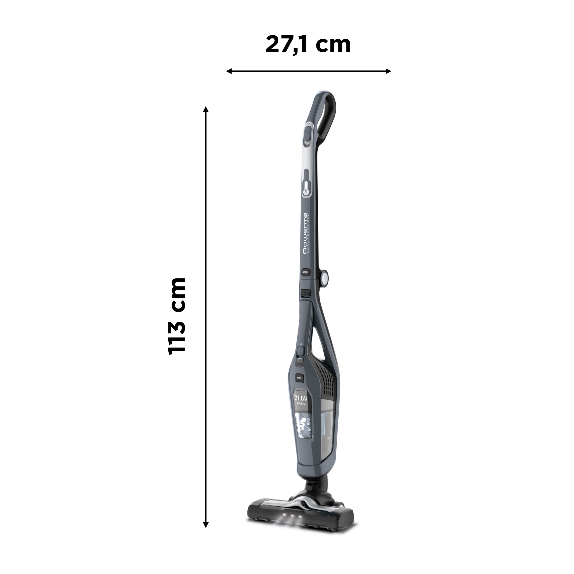 Aspirador escoba - Rowenta  RH6756WO Dual Force 2 en 1, LED, Gris