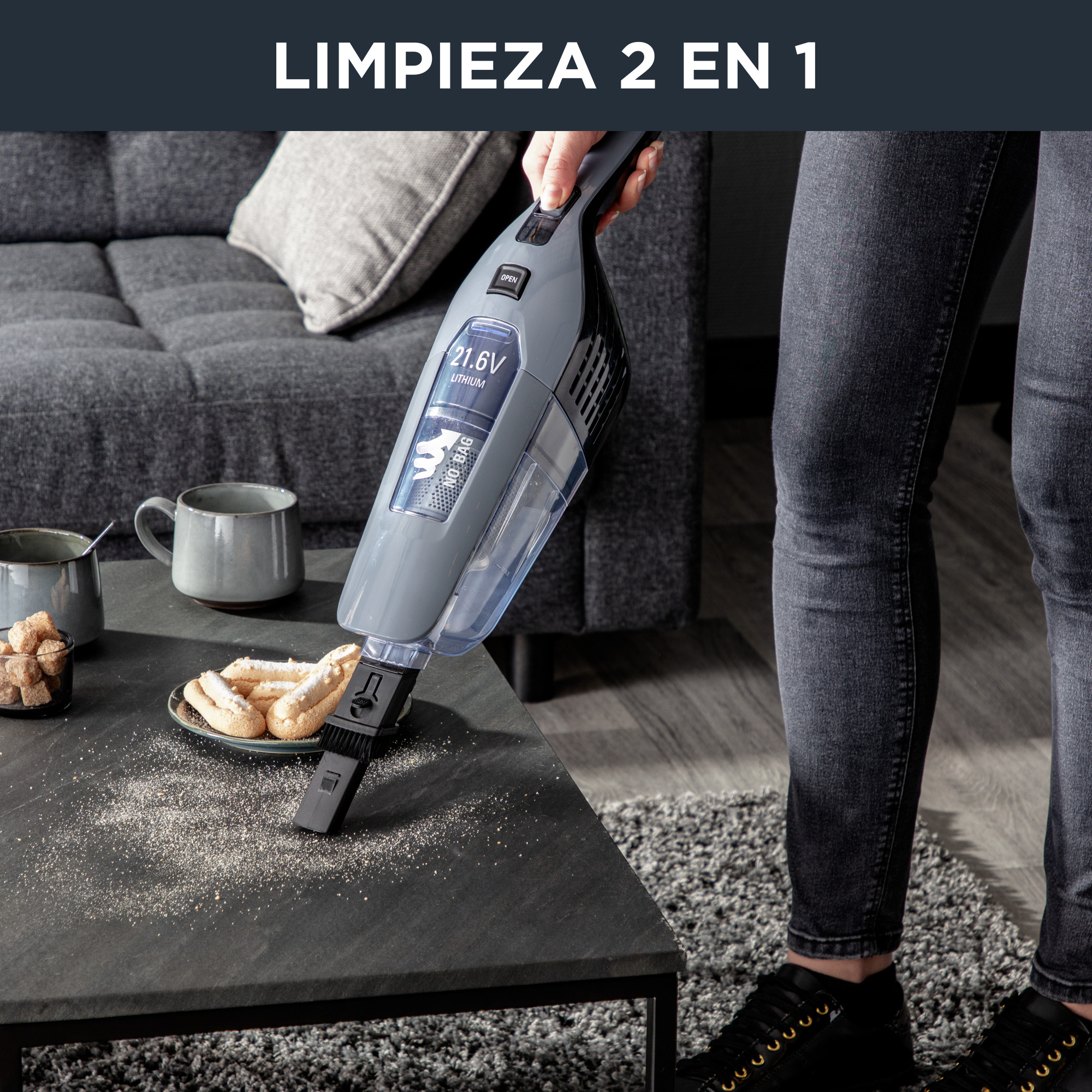 Aspirador escoba - Rowenta  RH6756WO Dual Force 2 en 1, LED, Gris