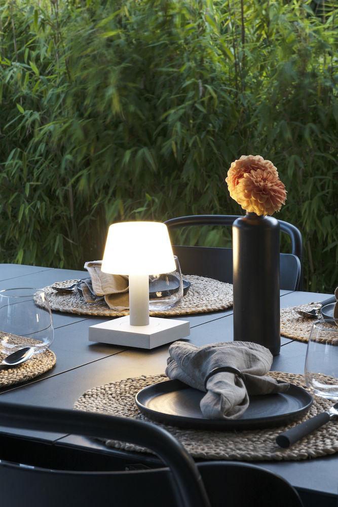 Ein gedeckter Tisch mit Lampe, Blumen und Geschirr. Hintergrund mit Grün.