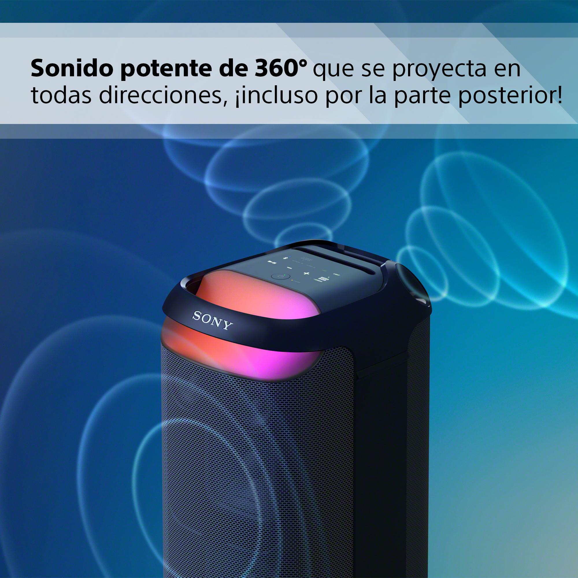 Un altavoz negro y rosa con un gráfico de ondas sonoras que emanan de él.