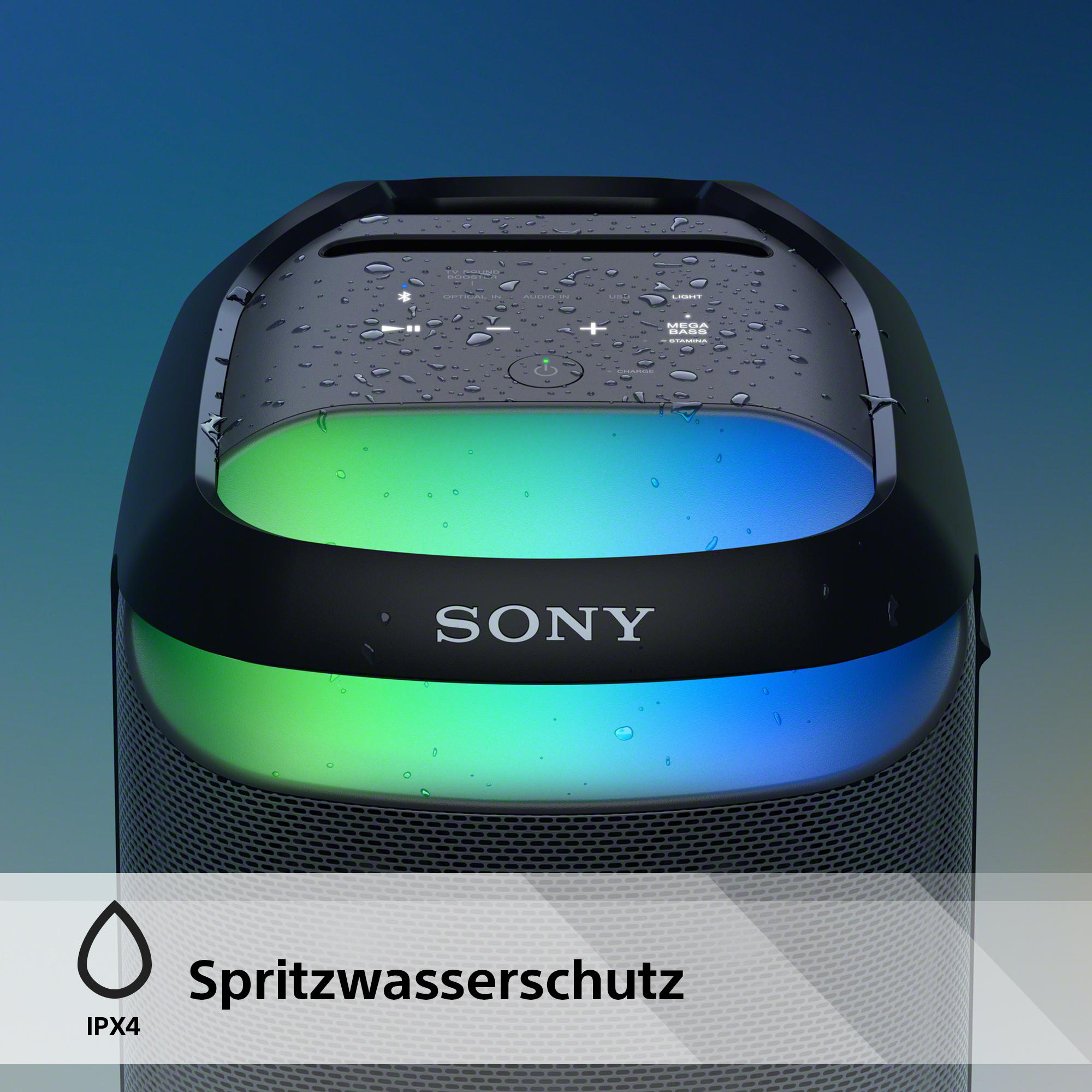 Schwarzer Lautsprecher mit farbenfrohem Lichtring und dem Wort SONY auf der Vorderseite.