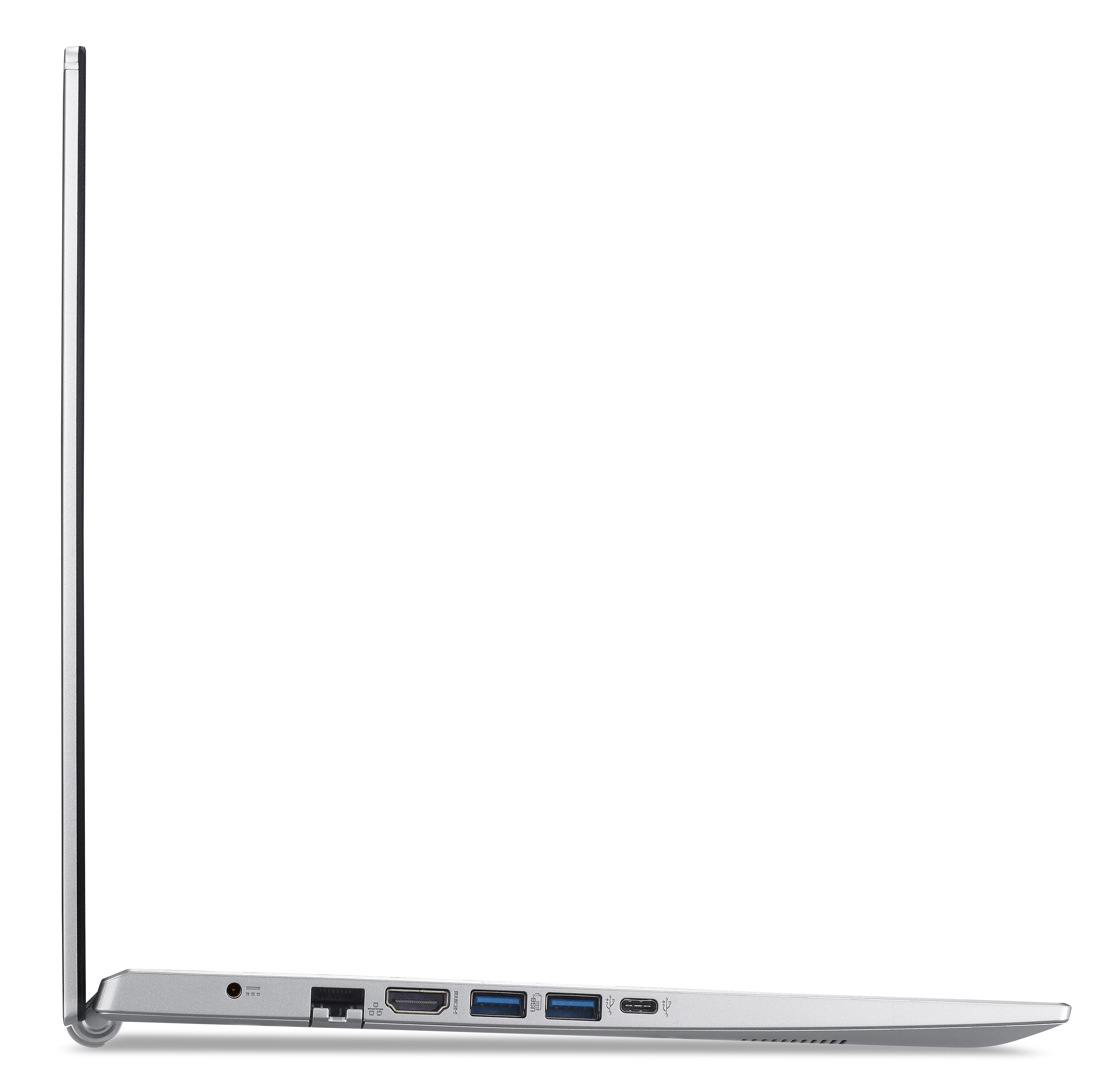 Profilansicht eines silbernen Laptops mit Bildschirm, Tastatur und Anschlüssen an der Seite.