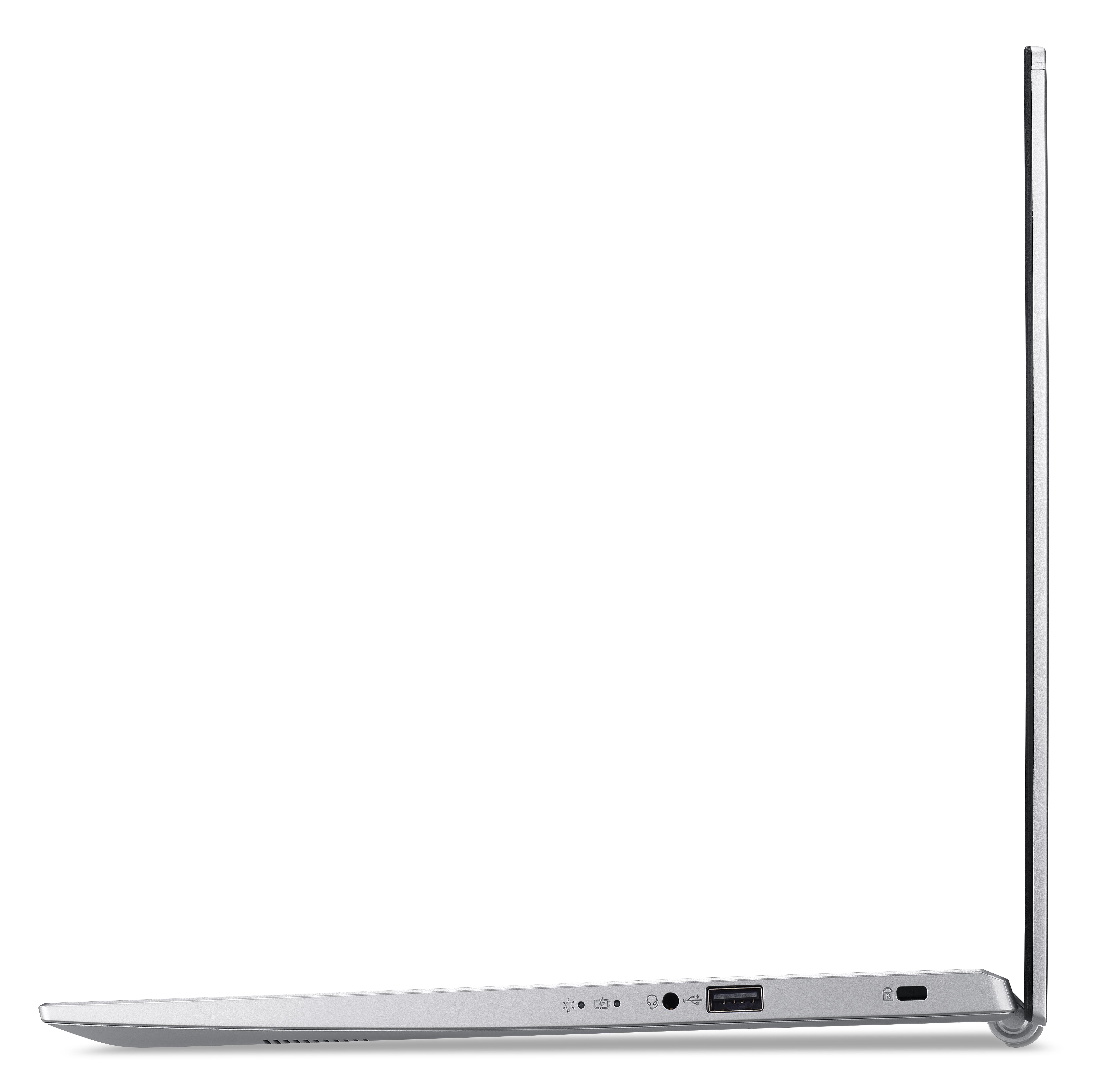 Seitenansicht eines silbernen Laptops. Anschlüsse an der Seite sichtbar. Die Marke ist Acer.
