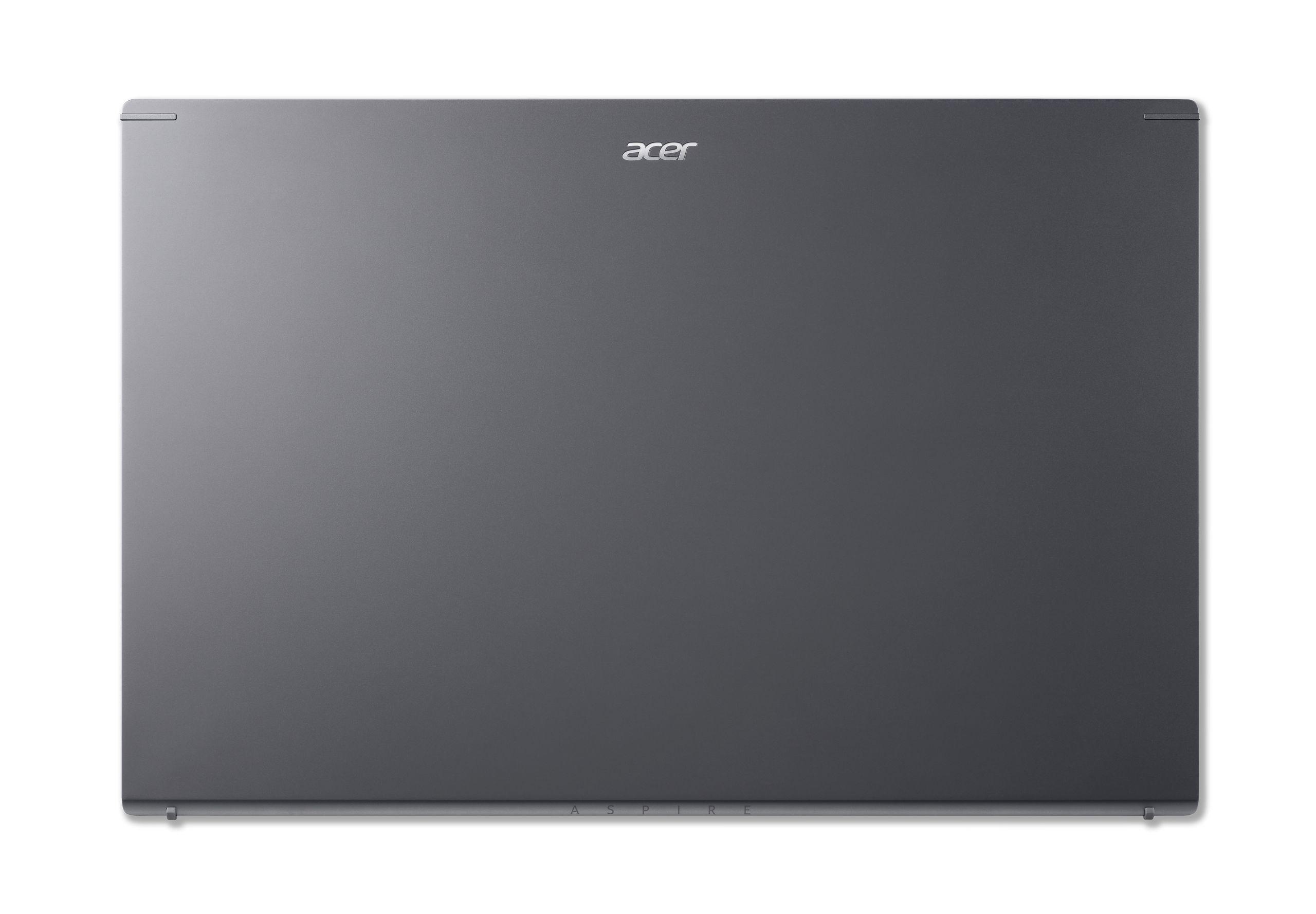 Rückseite des Laptops. Dunkelgrau, Acer-Logo oben mittig, Aspire-Marke unten.