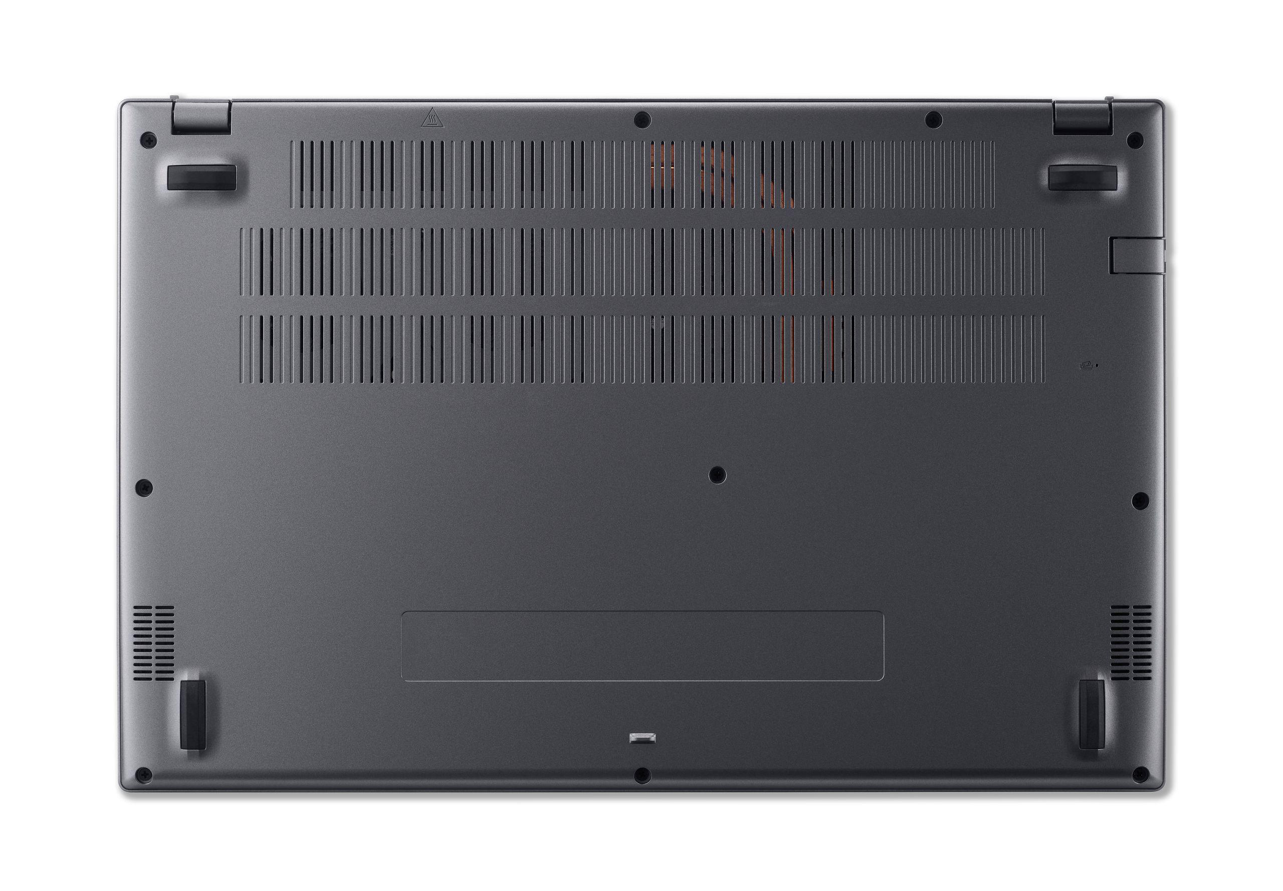 Unteransicht eines grauen Laptops mit Lüftungsschlitzen und Schrauben.