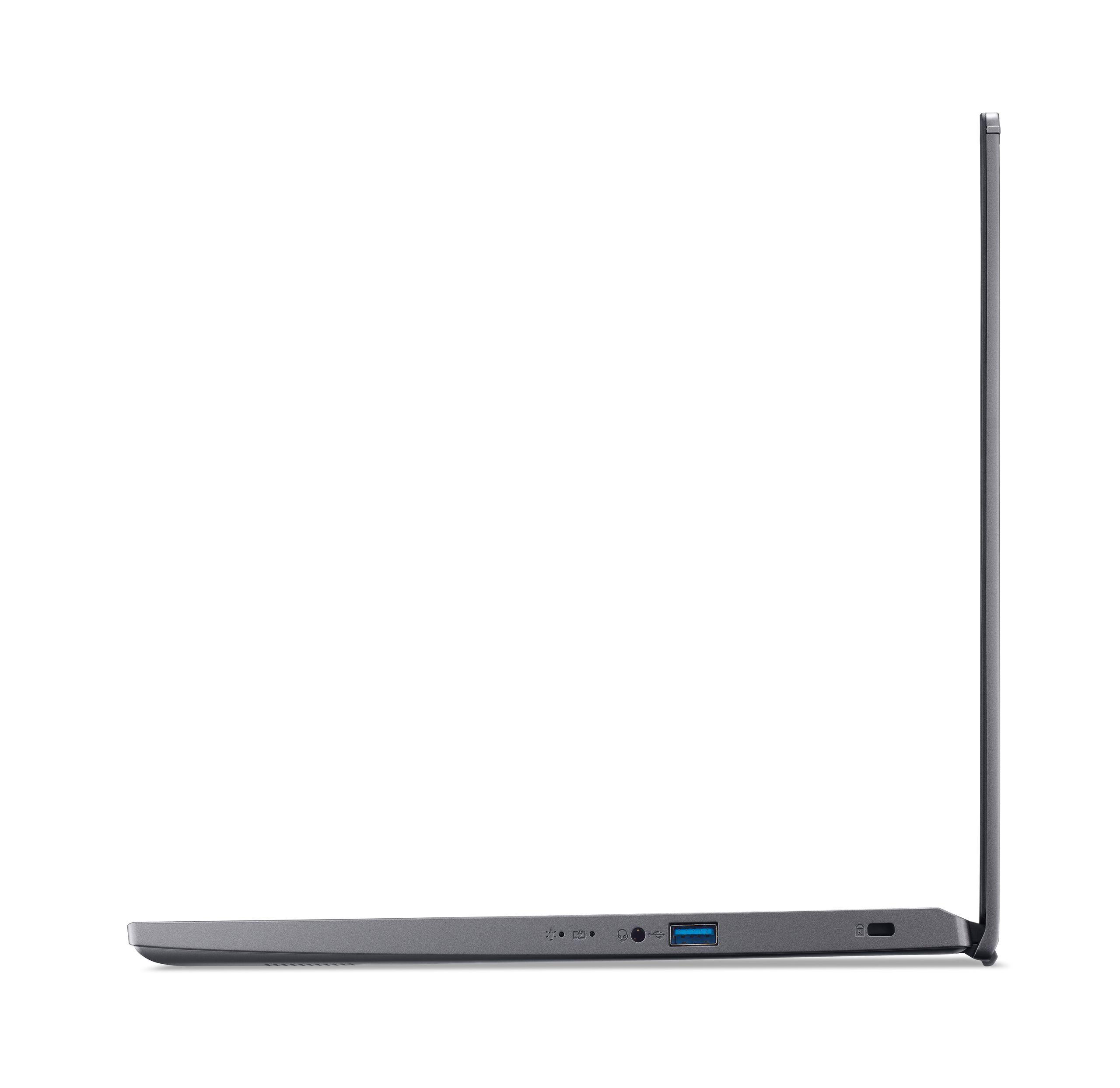 Laptop-Seitenansicht, graue Farbe, mit einem USB-Anschluss.