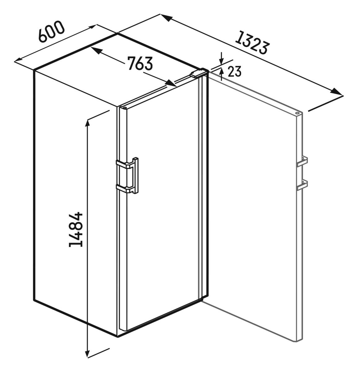 Diagramm mit den Abmessungen eines Schranks. Der Schrank ist rechteckig mit geöffneter Tür.