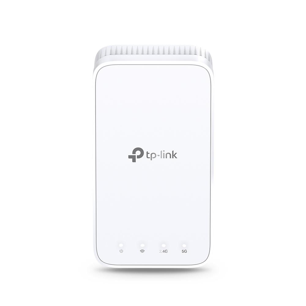 Ein weißes tp-link-Gerät mit drei Lichtern unten.