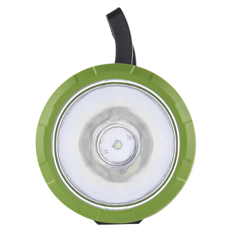 Zöld-fehér LED-es zseblámpa. Felülnézet. Egyetlen LED. Fogantyú. Kör alakú dizájn. Erős fény.