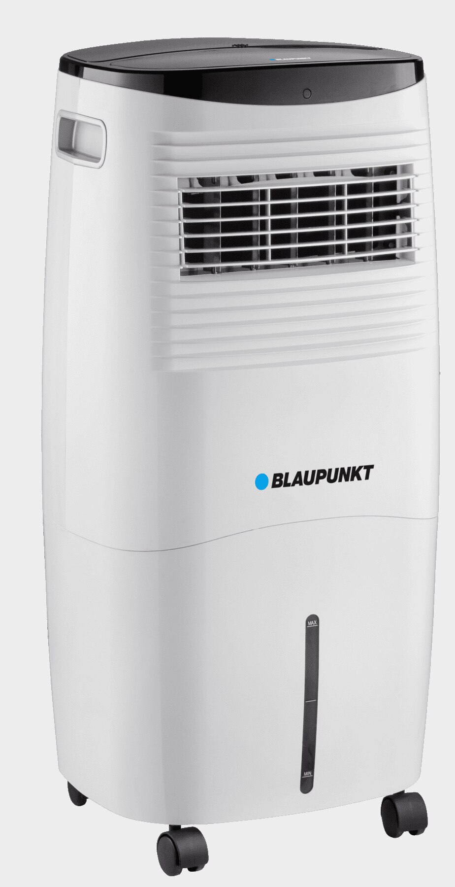 Biała chłodziarka powietrza Blaupunkt. Czarny wierzch i koła. Zawiera otwory wentylacyjne, uchwyt i wskaźnik poziomu wody.